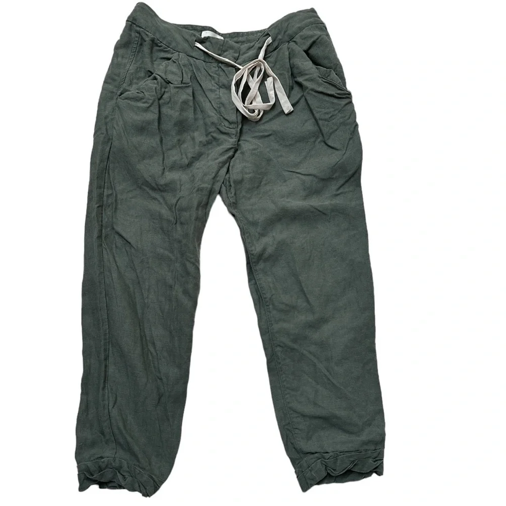 Wilfred Linen Blend Cropped Button Fly Joggers Adjustable Draw String Army Green